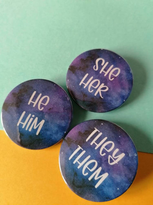 Galaxy pronoun badges 35mm they them he him she her custom