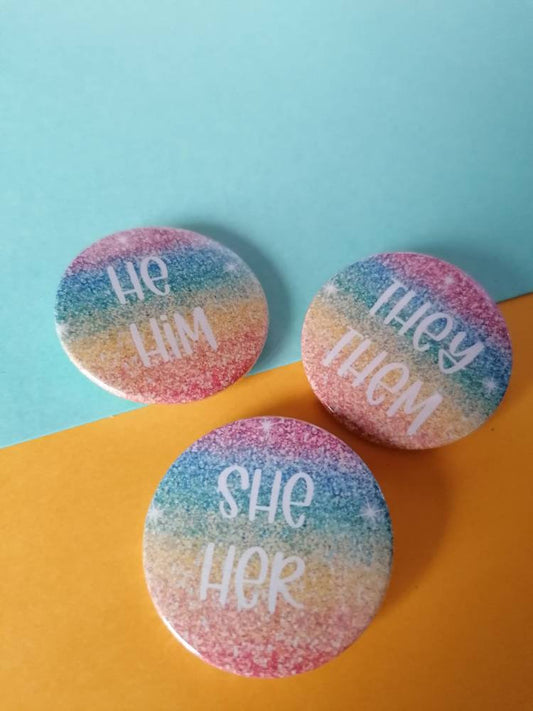 Rainbow pronoun badges 35mm he him she her they them custom pronouns